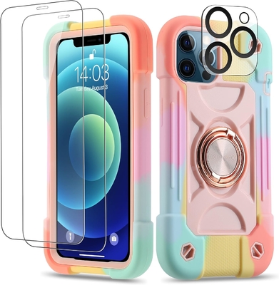 iPhone 12 Pro Max Gehäuse 6,7&quot; - Stoßdicht für schwere Einsätze, Ringstand, Glasbildschirm und Kameraobjektivschutz (Rainbow Pink)