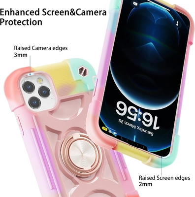 iPhone 12 Pro Max Gehäuse 6,7&quot; - Stoßdicht für schwere Einsätze, Ringstand, Glasbildschirm und Kameraobjektivschutz (Rainbow Pink)