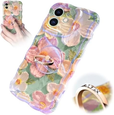 iPhone 12 Pro Max Gehäuse Ring, Ölmalerei Blume bunte Retro-Blume süße lockige Wellenrahmen Frauen Mädchen Telefongehäuse