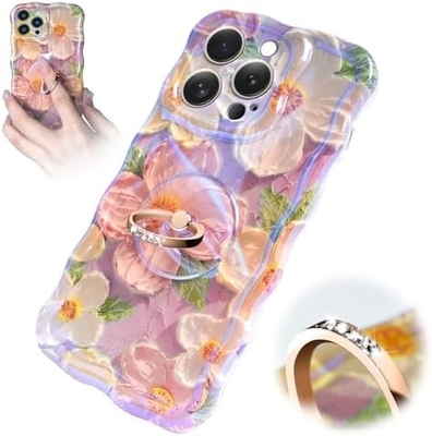 iPhone 12 Pro Max Gehäuse Ring, Ölmalerei Blume bunte Retro-Blume süße lockige Wellenrahmen Frauen Mädchen Telefongehäuse