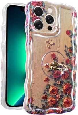 iPhone 12 Pro Max Gehäuse Ring, Ölmalerei Blume bunte Retro-Blume süße lockige Wellenrahmen Frauen Mädchen Telefongehäuse