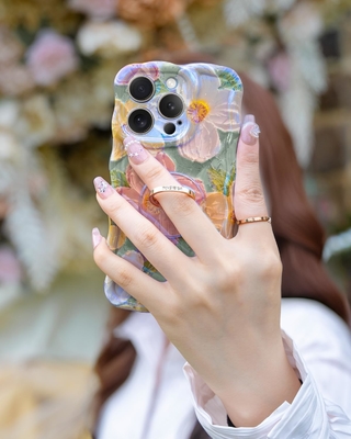 iPhone 12 Pro Max Gehäuse Ring, Ölmalerei Blume bunte Retro-Blume süße lockige Wellenrahmen Frauen Mädchen Telefongehäuse