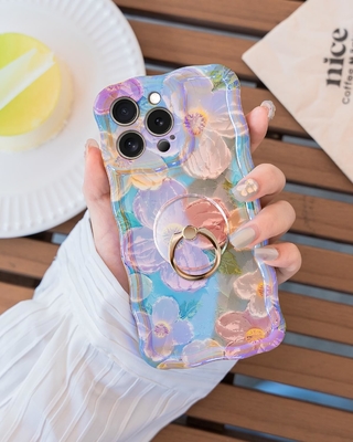 iPhone 12 Pro Max Gehäuse Ring, Ölmalerei Blume bunte Retro-Blume süße lockige Wellenrahmen Frauen Mädchen Telefongehäuse