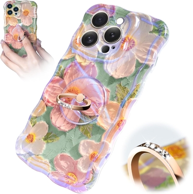 iPhone 12 Pro Max Gehäuse Ring, Ölmalerei Blume bunte Retro-Blume süße lockige Wellenrahmen Frauen Mädchen Telefongehäuse
