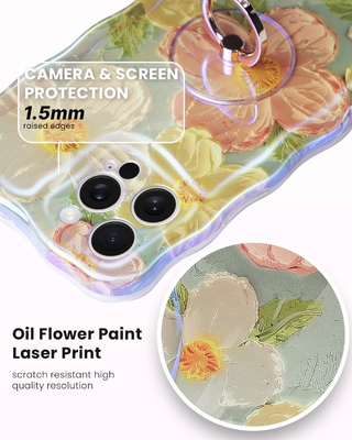 iPhone 12 Pro Max Gehäuse Ring, Ölmalerei Blume bunte Retro-Blume süße lockige Wellenrahmen Frauen Mädchen Telefongehäuse