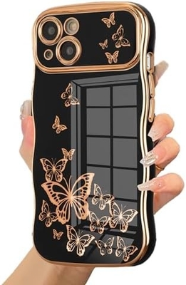 iPhone 13 Mädchen-Handygehäuse, lockiger Wellenrahmen, luxuriöses Schmetterlingsmuster, TPU-Goldfelder Stoßschutz