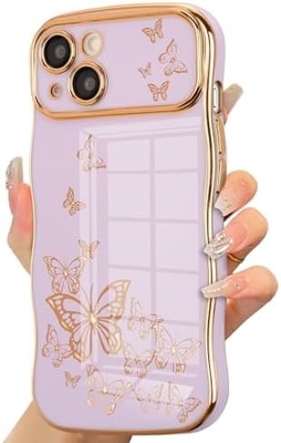 iPhone 13 Mädchen-Handygehäuse, lockiger Wellenrahmen, luxuriöses Schmetterlingsmuster, TPU-Goldfelder Stoßschutz