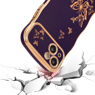 iPhone 13 Mädchen-Handygehäuse, lockiger Wellenrahmen, luxuriöses Schmetterlingsmuster, TPU-Goldfelder Stoßschutz