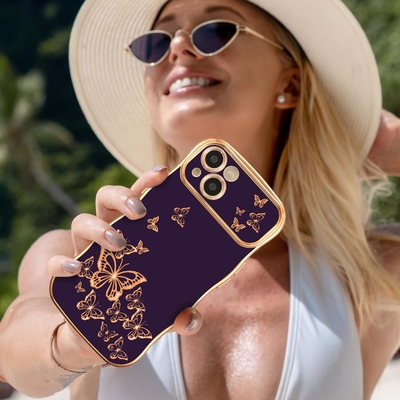 iPhone 13 Mädchen-Handygehäuse, lockiger Wellenrahmen, luxuriöses Schmetterlingsmuster, TPU-Goldfelder Stoßschutz