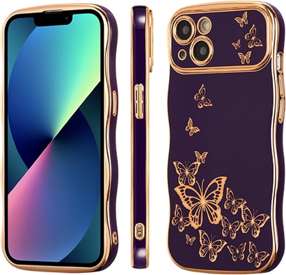 iPhone 13 Mädchen-Handygehäuse, lockiger Wellenrahmen, luxuriöses Schmetterlingsmuster, TPU-Goldfelder Stoßschutz