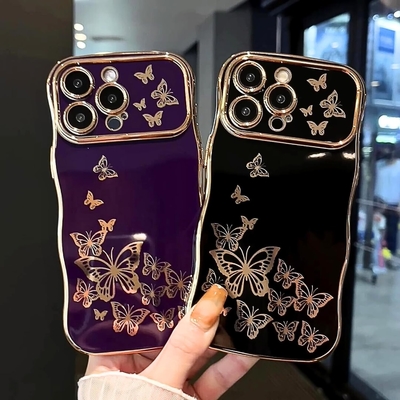 iPhone 13 Mädchen-Handygehäuse, lockiger Wellenrahmen, luxuriöses Schmetterlingsmuster, TPU-Goldfelder Stoßschutz