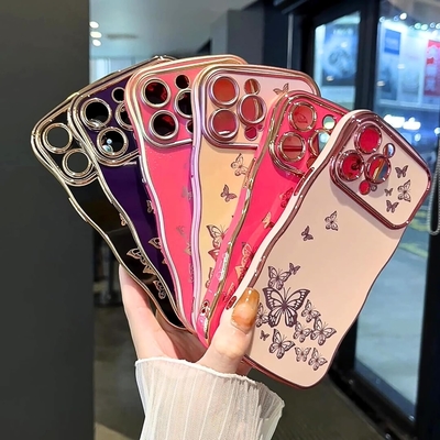 iPhone 13 Mädchen-Handygehäuse, lockiger Wellenrahmen, luxuriöses Schmetterlingsmuster, TPU-Goldfelder Stoßschutz