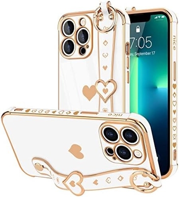 iPhone 12 Pro Cute Love-Heart Plating Strap Telefonbedeckung für Frauen Mädchen Bling Silikon Kamera Linsen Schutz Bumper