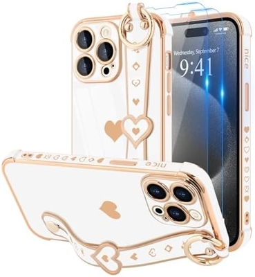 iPhone 12 Pro Cute Love-Heart Plating Strap Telefonbedeckung für Frauen Mädchen Bling Silikon Kamera Linsen Schutz Bumper