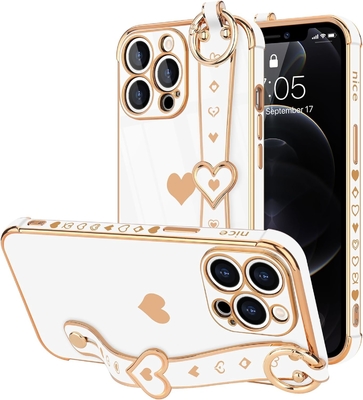 iPhone 12 Pro Cute Love-Heart Plating Strap Telefonbedeckung für Frauen Mädchen Bling Silikon Kamera Linsen Schutz Bumper