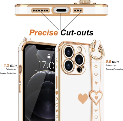 iPhone 12 Pro Cute Love-Heart Plating Strap Telefonbedeckung für Frauen Mädchen Bling Silikon Kamera Linsen Schutz Bumper