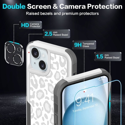 [5 in 1 für iPhone 15 Plus Gehäuse, mit 2 Pack Bildschirmschutz + 2 Pack Kamera-Objektiv-Schutz, Heavy-Duty robust