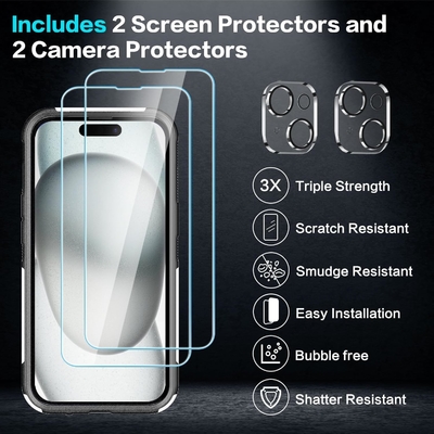 [5 in 1 für iPhone 15 Plus Gehäuse, mit 2 Pack Bildschirmschutz + 2 Pack Kamera-Objektiv-Schutz, Heavy-Duty robust