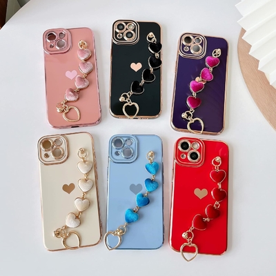 für iPhone 12 Pro Max Gehäuse,Cute Plating Love Heart Handgelenk Gürtel Kette Armband Weich kompatibel mit