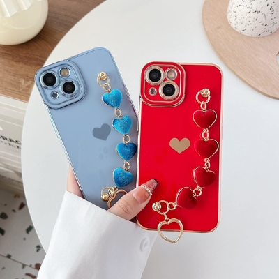 für iPhone 12 Pro Max Gehäuse,Cute Plating Love Heart Handgelenk Gürtel Kette Armband Weich kompatibel mit