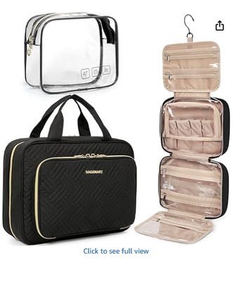 BAGSMART Toiletry Bag Hanging Travel Makeup Organizer with TSA Approved Transparent Cosmetic Bag Makeup Bag for Full Sized Toiletries, Medium-Black