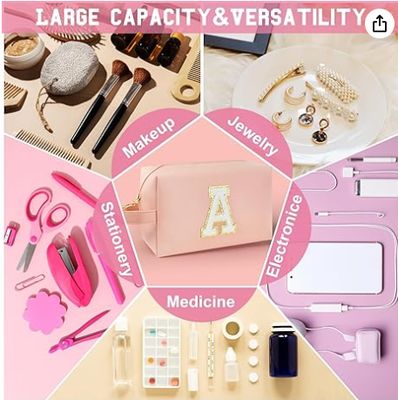 Personalisierte Kosmetiktasche mit Griff und Initialen, Preppy Kosmetiktasche mit innerer Reißverschlusstasche, für Mädchen im Alter von 8 9 10 11 12 13 14 Jahren, Abschlussgeschenke für Teenager, Mädchen, Frauen, Lehrerinnen