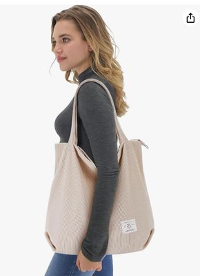 KALIDI Damen Cord-Tragetasche mit Reißverschluss, lässige Tragetasche, große Kapazität, Umhängetasche mit Taschen