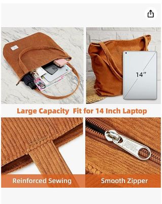 KALIDI Damen Cord-Tragetasche mit Reißverschluss, lässige Tragetasche, große Kapazität, Umhängetasche mit Taschen