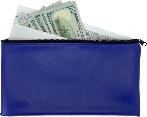 Blue Bank Security Deposit Zipper Bag, wasserdichtes Vinyl-beschichtetes Leder-ähnliches Äußeres mit weichen Innenverkleidungen.