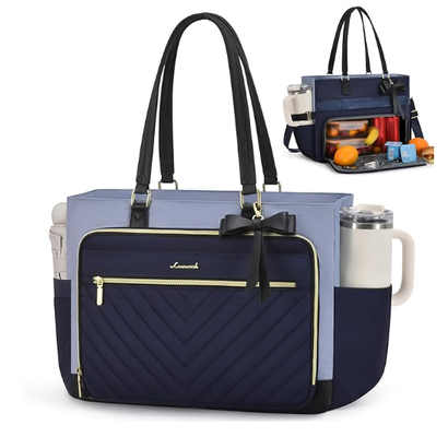 Lunch-Tote-Tasche für Frauen, isolierte Lunch-Tasche mit Laptop-Abteil, große Kapazität Arbeits-Tote mit Becherhalter, wasserdichte isolierte Tasche undicht für Lehrer Krankenschwester, Büro, 15,6 Zoll