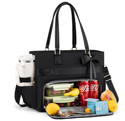 Lunch-Tote-Tasche für Frauen, isolierte Lunch-Tasche mit Laptop-Abteil, große Kapazität Arbeits-Tote mit Becherhalter, wasserdichte isolierte Tasche undicht für Lehrer Krankenschwester, Büro, 15,6 Zoll