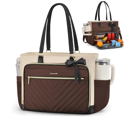 Lunch-Tote-Tasche für Frauen, isolierte Lunch-Tasche mit Laptop-Abteil, große Kapazität Arbeits-Tote mit Becherhalter, wasserdichte isolierte Tasche undicht für Lehrer Krankenschwester, Büro, 15,6 Zoll