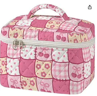 Große Gequilte Make-up-Tasche Vintage Nähmuster Kosmetische Reisetasche für Frauen Patchwork Ästhetische Toilettenartikel Organisator mit Griff Hautpflege Bürsten Zubehör