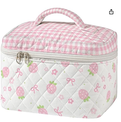 Große Gequilte Make-up-Tasche Vintage Nähmuster Kosmetische Reisetasche für Frauen Patchwork Ästhetische Toilettenartikel Organisator mit Griff Hautpflege Bürsten Zubehör