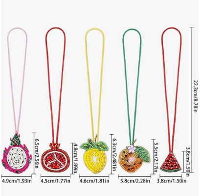 5 Stück Patch Perlen Tasche Charm Obst Geldbörse Charms für Handtaschen Sommer Schlüsselanhänger | Kleiner Taschenanhänger, Drachenfrucht Granatapfel Wassermelone Orange Zitrone Taschenanhänger, Perlen und Strasssteine, Handgenäht