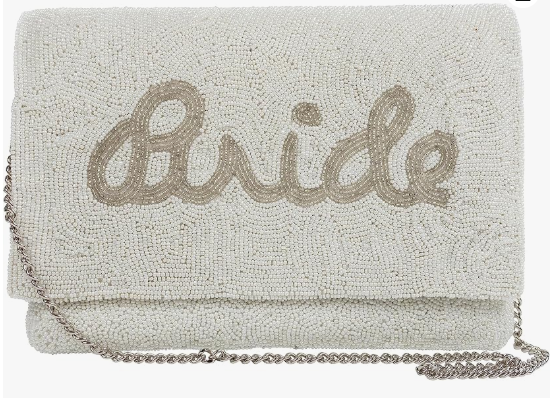 Bride mit Perlen, Bridal Party Tasche mit Kette. Hochzeitstagszubehör, Junggesellenabschied, Verlobungsgeschenk, Brautdusche, Perlen, Erinnerungsbeutel, eleganter Stil.