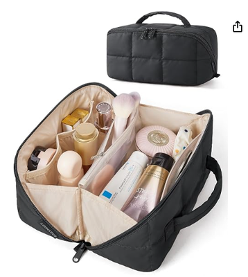 Travel Makeup Bag, Wide Open Toiletry Organizer 9.84 * 5.12 * 5.12" opens flat to 10.24"W, water-repellent,leak-proof PVC & brush slots, fits full-size makeup, TSA-friendly